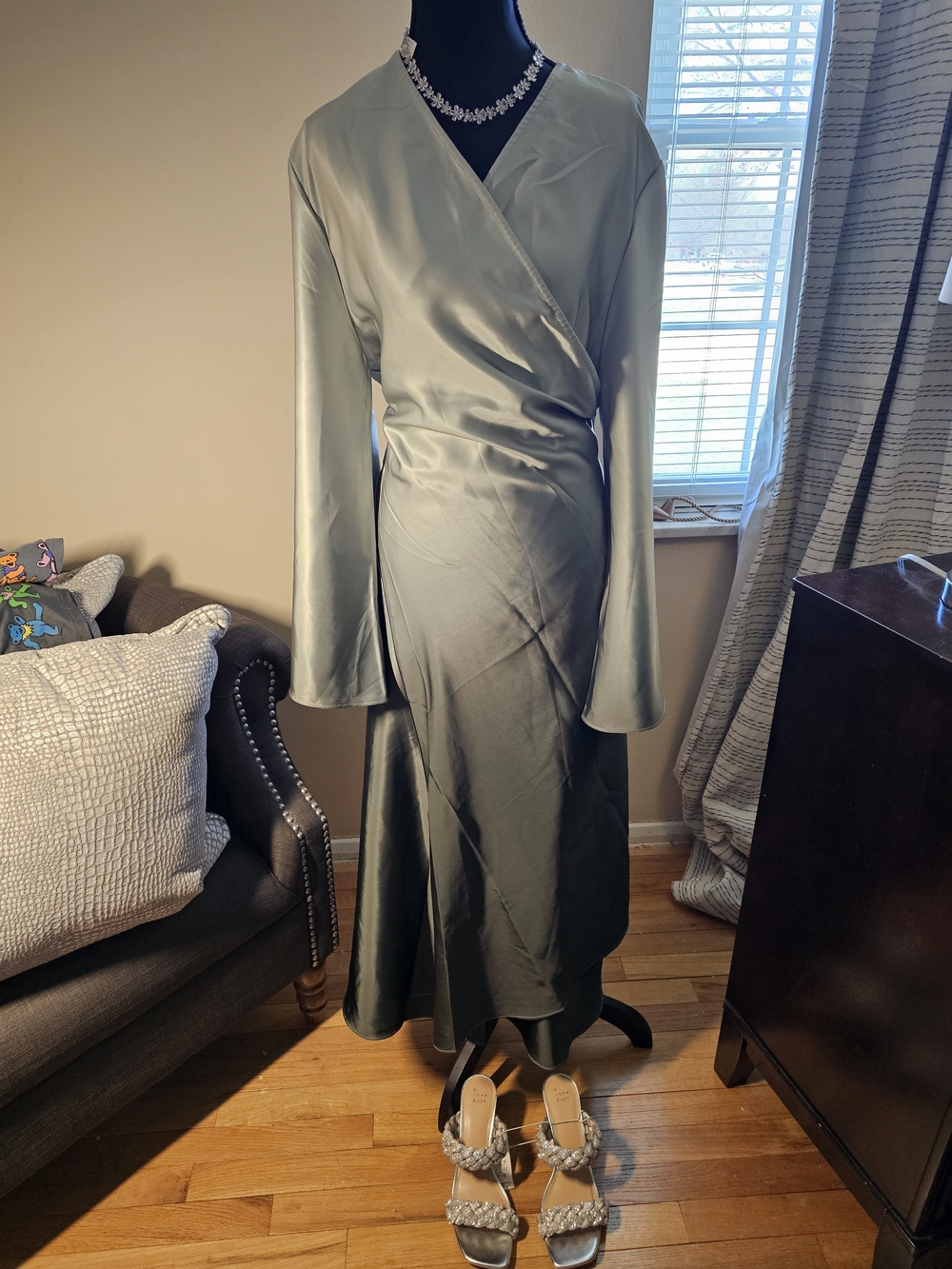 Satin Olive Wrap Long-Sleeve Midi Dress